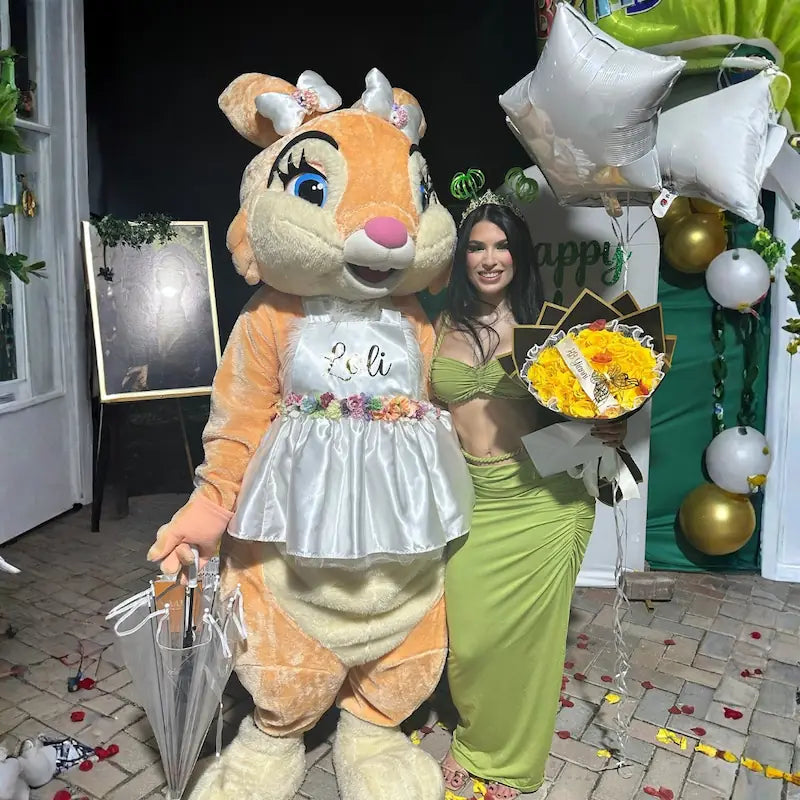 Loli the Bunny mascot delivering a yellow rose bouquet and balloons for a special surprise event in Miami.