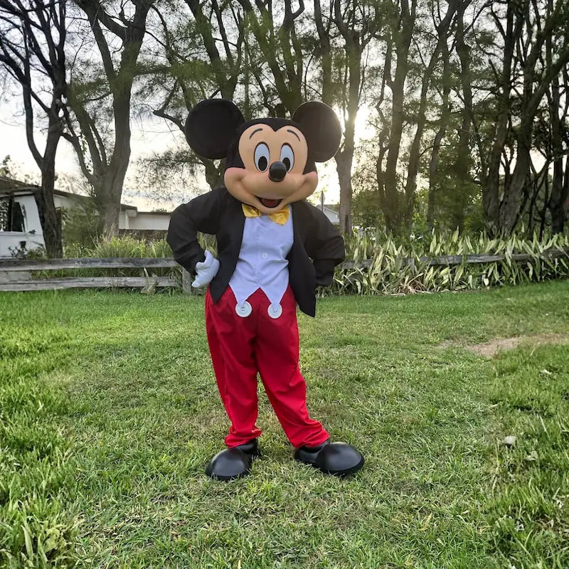 Mickey Mouse mascot posing hands on hips for a meet and greet photo op at an outdoor kids party in Miami.