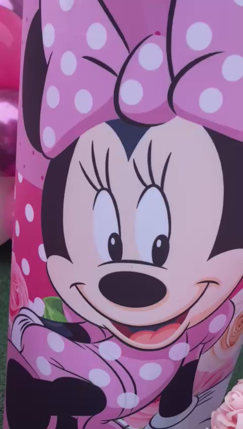 Video walkthrough of a Minnie Mouse themed birthday decoration package, showing balloon garland, backdrop and pedestal details in Miami.