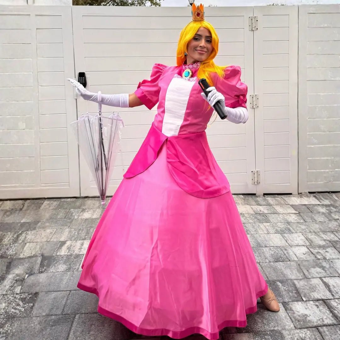 Professional party animation in Miami: a princess entertainer with microphone hosting an interactive kids show. Fantasy Entertainments.